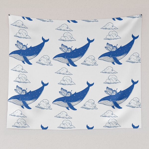 Item preview, Surreal Blue Whale with Butterfly Wings and Clouds designed and sold by ArtfulWeave.