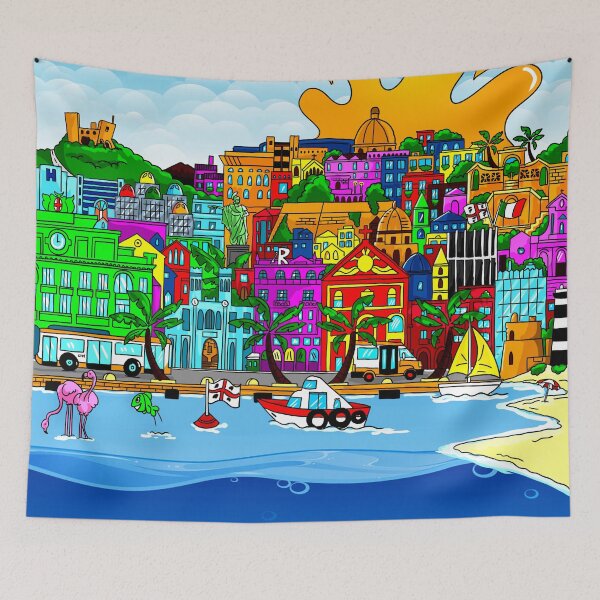 Item preview, Cartoon Skyline of Cagliari: Harborfront Charm in Technicolor designed and sold by Arte Cartoon From TagTeam Group.