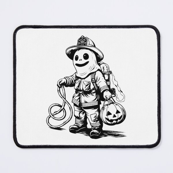 Item preview, Ghost Firefighter with Pumpkin Bucket – Fun Black and White Halloween Illustration designed and sold by inkoutninja.