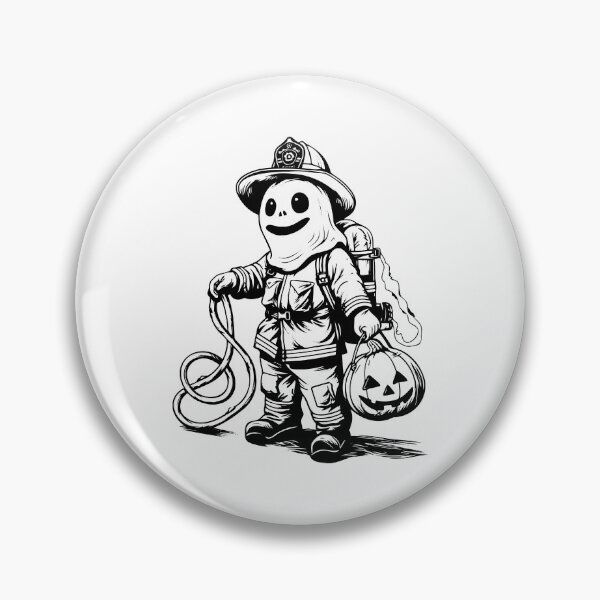 Item preview, Ghost Firefighter with Pumpkin Bucket – Fun Black and White Halloween Illustration designed and sold by inkoutninja.