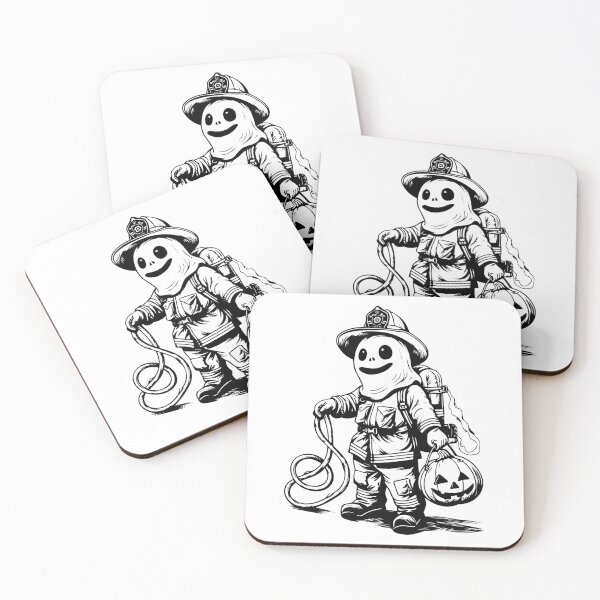 Item preview, Ghost Firefighter with Pumpkin Bucket – Fun Black and White Halloween Illustration designed and sold by inkoutninja.