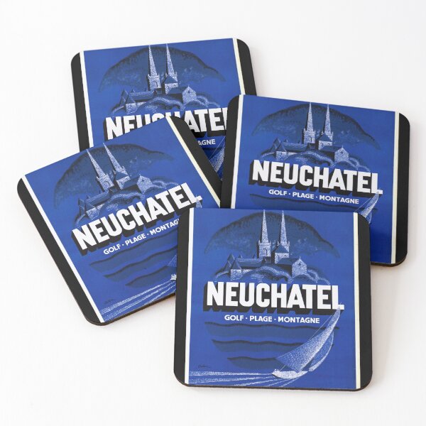 Item preview, Vintage Neuchâtel Travel Poster | Mid-Century Art Deco Style | Switzerland Scenic Beauty | Blue Palette | Golf Beach Mountain designed and sold by artofuniverse.