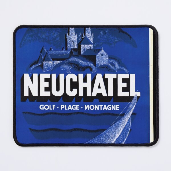 Item preview, Vintage Neuchâtel Travel Poster | Mid-Century Art Deco Style | Switzerland Scenic Beauty | Blue Palette | Golf Beach Mountain designed and sold by artofuniverse.
