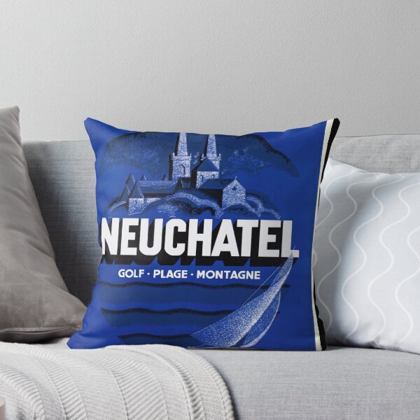 Item preview, Vintage Neuchâtel Travel Poster | Mid-Century Art Deco Style | Switzerland Scenic Beauty | Blue Palette | Golf Beach Mountain designed and sold by artofuniverse.