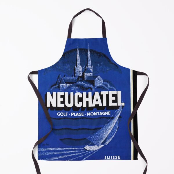 Item preview, Vintage Neuchâtel Travel Poster | Mid-Century Art Deco Style | Switzerland Scenic Beauty | Blue Palette | Golf Beach Mountain designed and sold by artofuniverse.