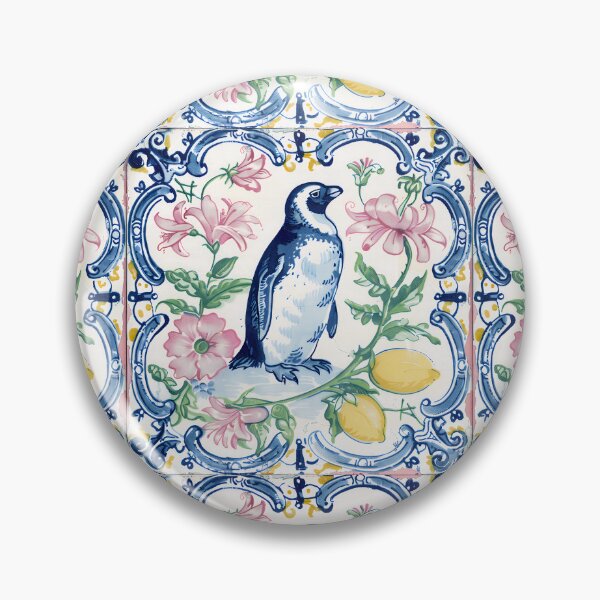 Item preview, Mediterranean Tile Penguin with Pink Blooms designed and sold by imaginefountain.