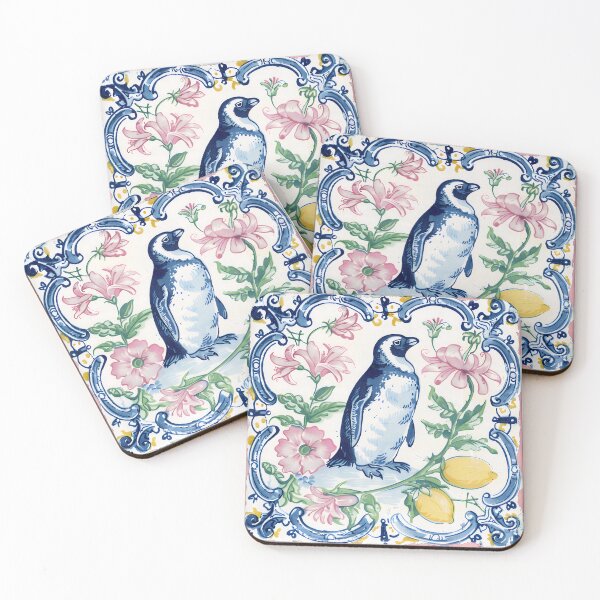 Item preview, Mediterranean Tile Penguin with Pink Blooms designed and sold by imaginefountain.