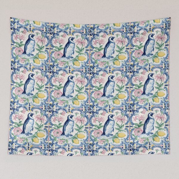 Item preview, Mediterranean Tile Penguin with Pink Blooms designed and sold by imaginefountain.