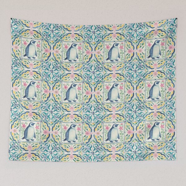 Item preview, Penguin with Pink Blooms Tile designed and sold by imaginefountain.