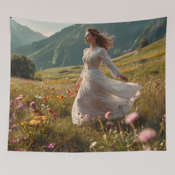 Aperçu de l'œuvre Victorian Woman Running Through Wildflower Meadow créée et vendue par BlareBlare.