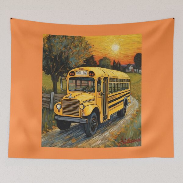 Item preview, "Sunset Journey: Nostalgic Old Yellow School Bus" designed and sold by Artisticanvas.