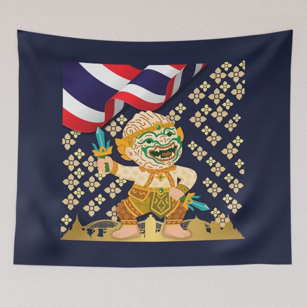 Item preview, Thai Hanuman Warrior | Traditional Thai Art with Flag & Temple Silhouette designed and sold by konthai.familyart.