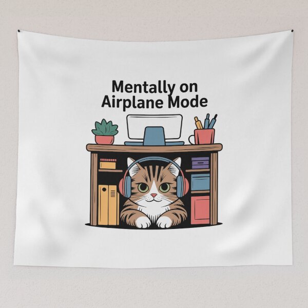 Item preview, Mentally on Airplane Mode – Cute Cat at Desk designed and sold by ArtByYunus.