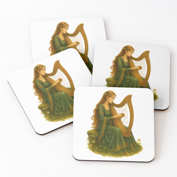 Item preview, Medieval Celtic Harp Maiden – Fantasy Folk Art Illustration designed and sold by CelticSoulShop.