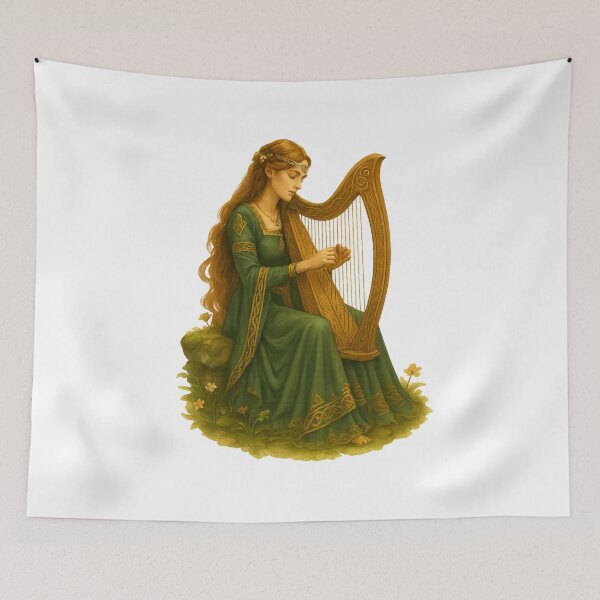 Item preview, Medieval Celtic Harp Maiden – Fantasy Folk Art Illustration designed and sold by CelticSoulShop.