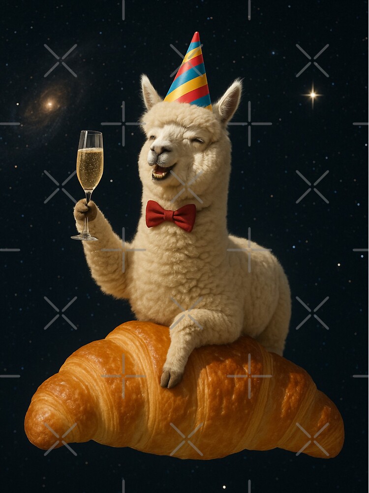 Llama in Galaxy croissant champagne alpaca happy birthday kawaii