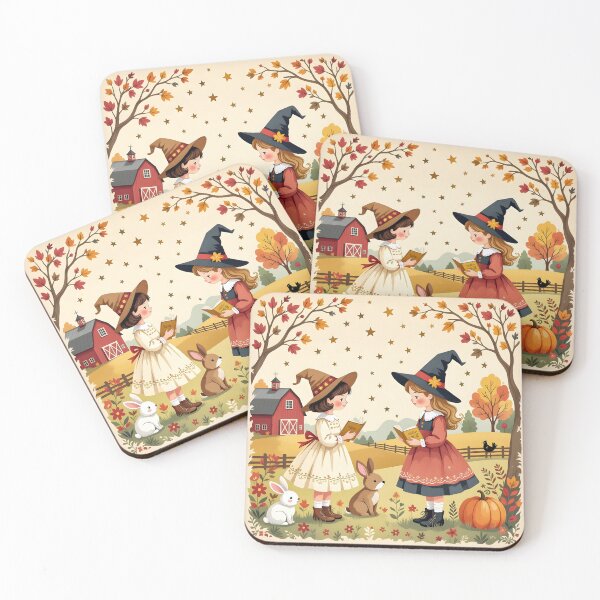 Item preview, Cute Autumn Witches Reading Spells – Vintage Cottagecore Halloween Art designed and sold by SoniaSarkali.