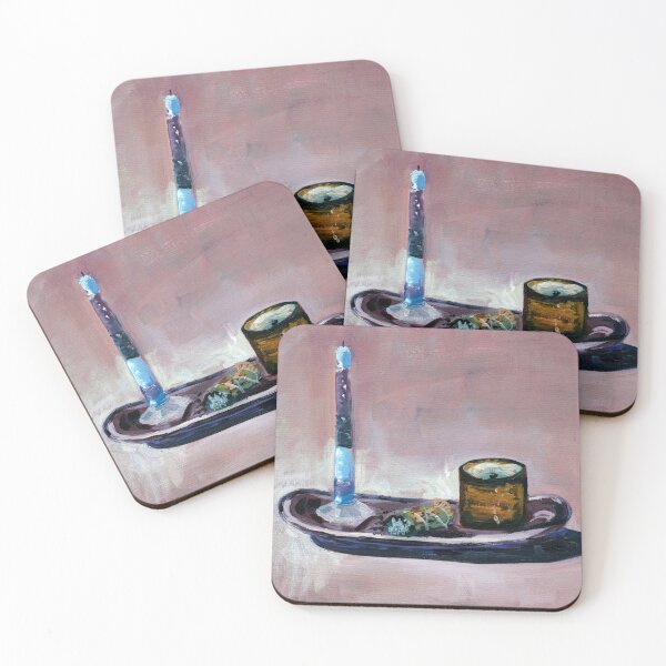 Item preview, two candles and sage on a silver tray still life designed and sold by holyrodent.