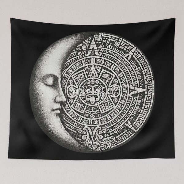 Item preview, Mexican Moon – Half Moon and Aztec Calendar in Gray Stippling designed and sold by VALQUIRIAMX.