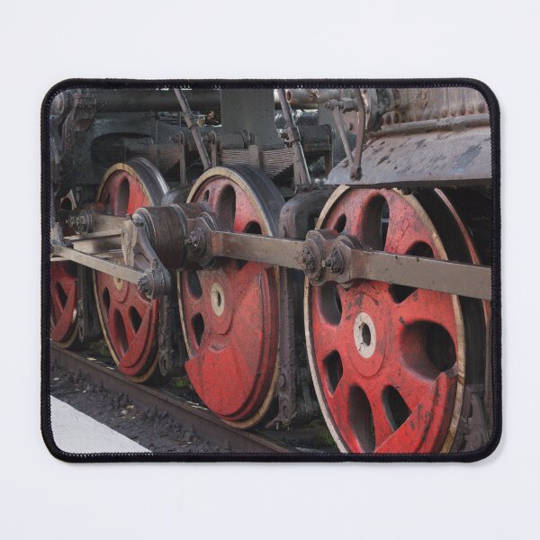 Item preview, Close-up view of vintage steam locomotive wheels with connecting rods and red spokes, showcasing industrial details and mechanical design designed and sold by eves_aquadreams.