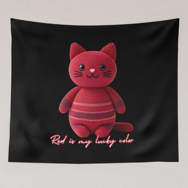Item preview, Red Knitted Cat Plush – Red Is My Lucky Color Cute Cat Design designed and sold by ArtiQreate.