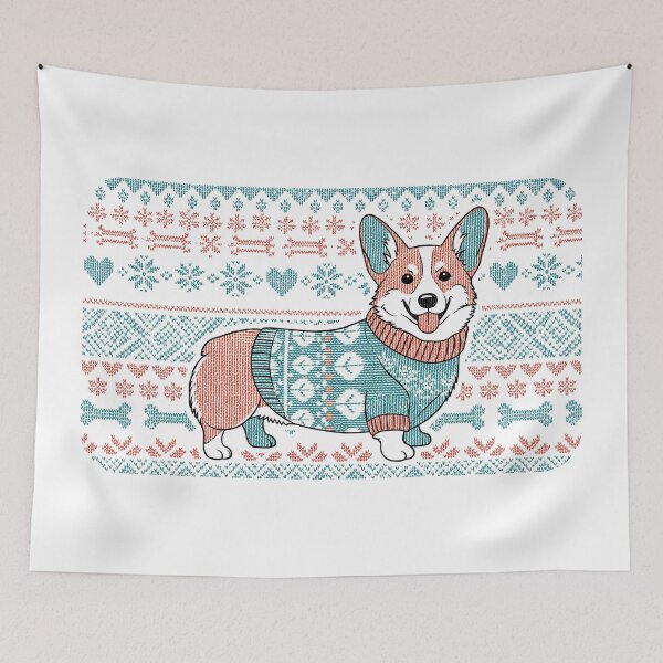Item preview, cozy corgi in knitted sweater with festive motifs designed and sold by zoughlal.