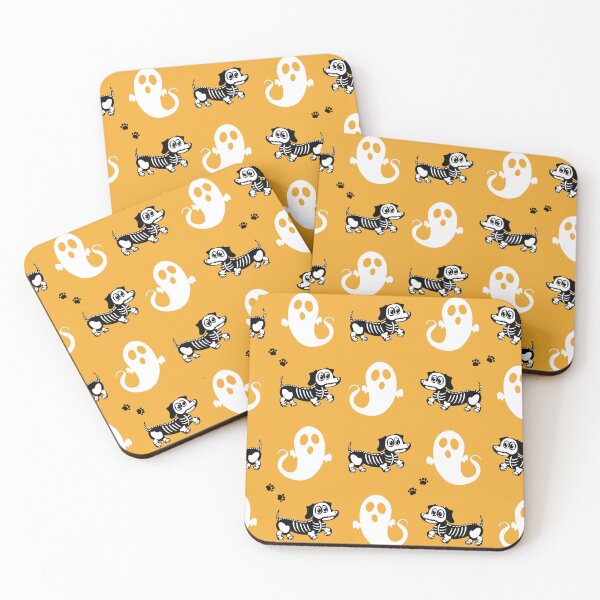 Item preview, Skeleton Dachshunds & Ghosts Halloween Pattern - Pumpkin Orange Background designed and sold by Laura Deakin Artist.