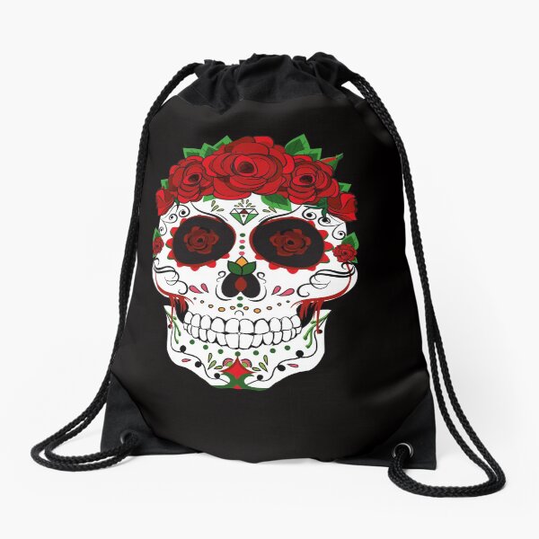 Floral Sugar Skull - Sugar Skull With Roses Drawstring Bag