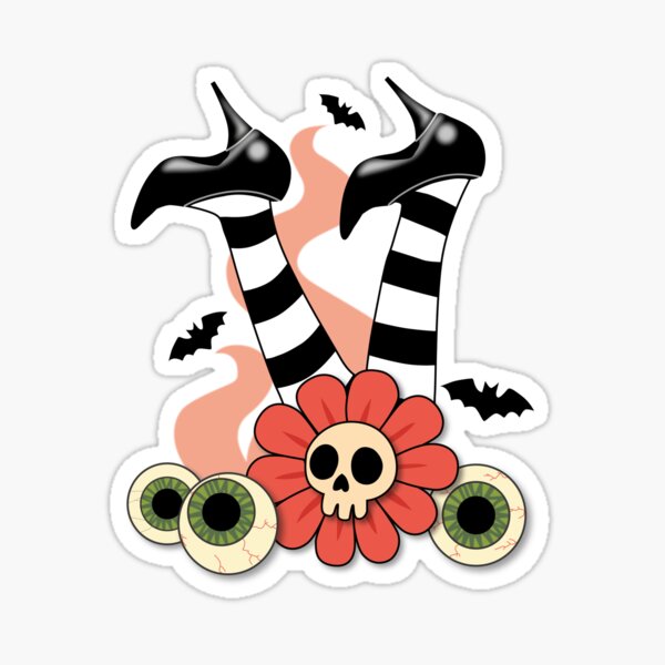 Item preview, Upside-Down Witch Legs with Skull Flower – Spooky Surreal Art (Black & White Tights, Peach Accents, Bats & Eyeballs) designed and sold by Vector Woofs.