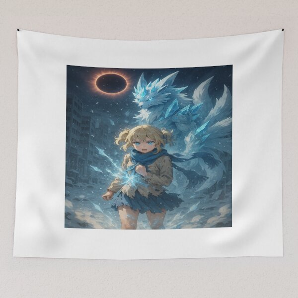 Item preview, Eclipse of Ice – Girl and Crystal Wolf in the Frozen City designed and sold by DreamistStore.