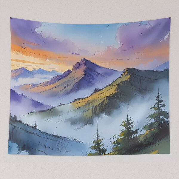 Item preview, Misty Mountain Landscape at Dawn – Watercolor Style with Soft Tones designed and sold by Dino-Lune.