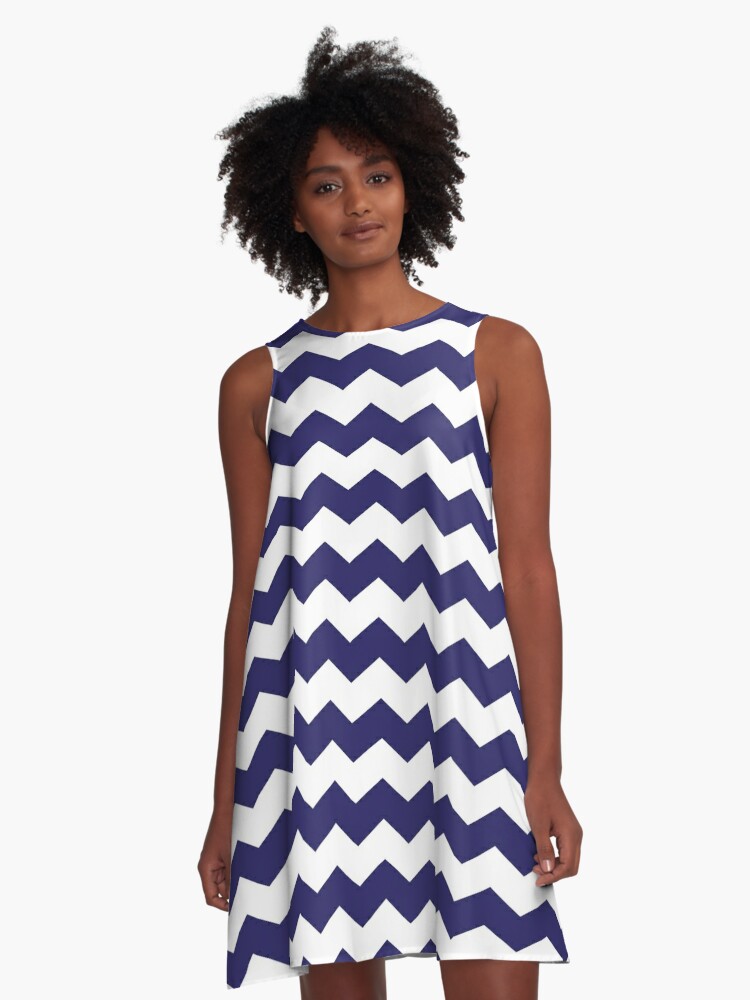 Navy Blue and White Chevron Print A Line Dress