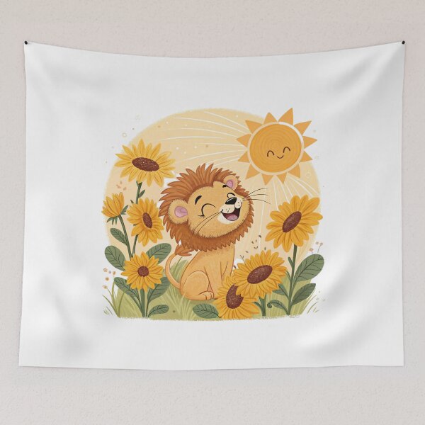 Item preview, Cute Lion in Sunflower Field with Smiling Sun – Whimsical Animal Illustration designed and sold by asliberry.