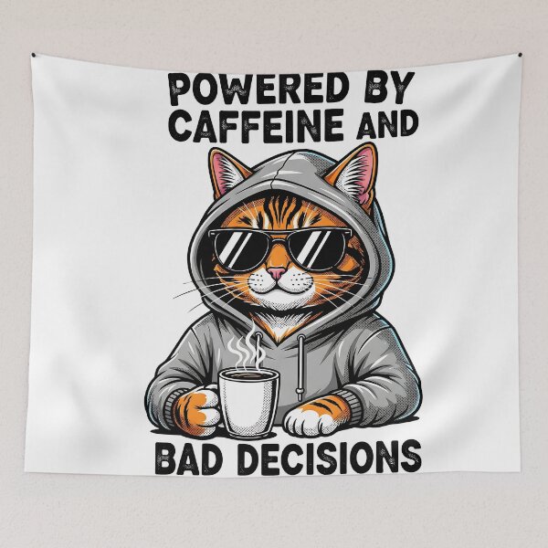 Item preview, Powered by Caffeine and Bad Decisions | Funny Cute Cat with Coffee Hoodie designed and sold by Raccoon Rave.