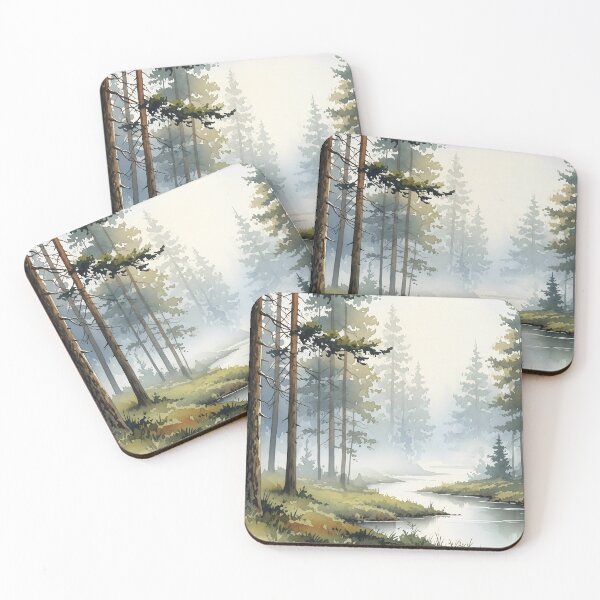 Item preview, Watercolor Forest with River and Mist – Soft Pine Trees and Gentle Layers designed and sold by Dino-Lune.