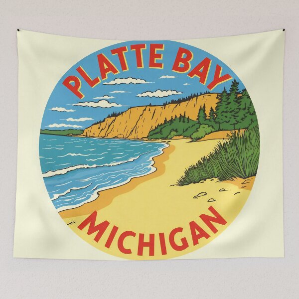Artikelvorschau, Platte Bay Michigan Vintage Reiseaufkleber Strandtag entworfen und verkauft von TheOldMittenIllustrated.