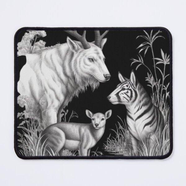 Item preview, Wild Harmony – Detailed Black and White Wildlife Drawing of Deer, Antelope, and Tiger designed and sold by dortmond.