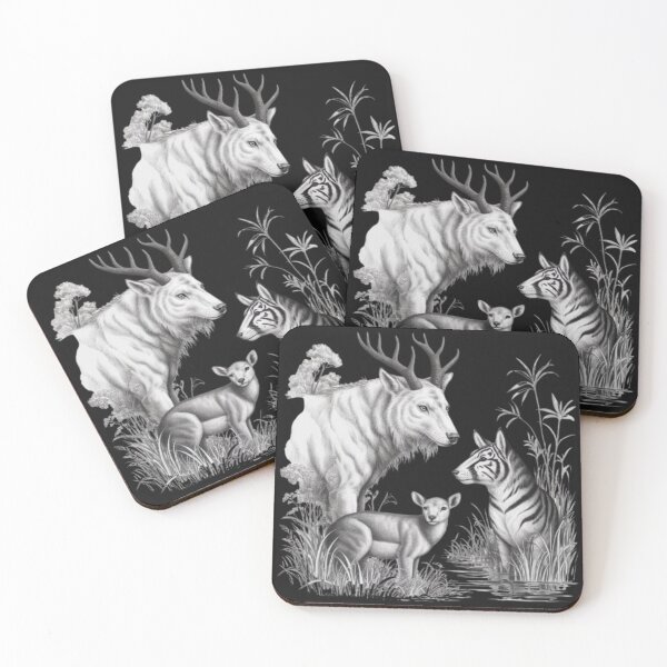 Item preview, Wild Harmony – Detailed Black and White Wildlife Drawing of Deer, Antelope, and Tiger designed and sold by dortmond.