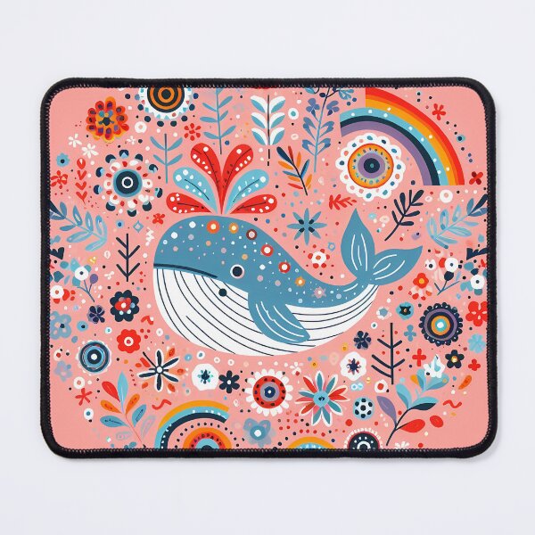 Item preview, Cute Blue Whale with Spout and Rainbow - Scandinavian Folk Art by heidiannemorris © designed and sold by FOLK ART FUSION by heidiannemorris.