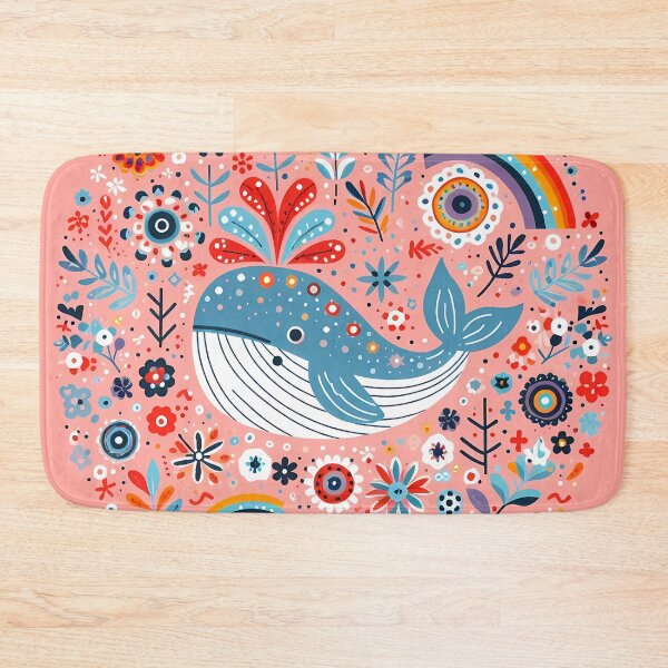 Item preview, Cute Blue Whale with Spout and Rainbow - Scandinavian Folk Art by heidiannemorris © designed and sold by FOLK ART FUSION by heidiannemorris.