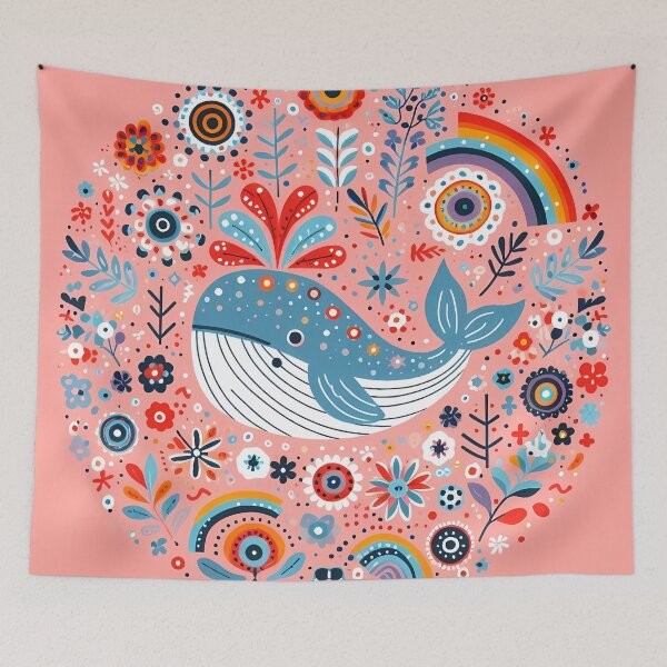 Item preview, Cute Blue Whale with Spout and Rainbow - Scandinavian Folk Art by heidiannemorris © designed and sold by FOLK ART FUSION by heidiannemorris.