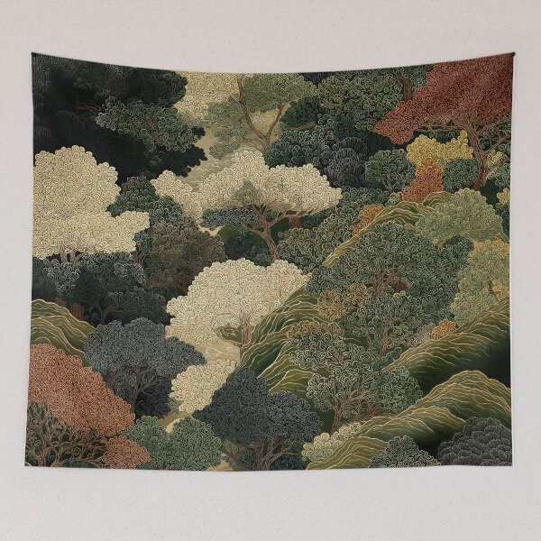 Item preview, Japanese green Forest Painting Autumn Art Japandi Wall Art maximalist Art Nouveau Botanical Print designed and sold by regnumsaturni.