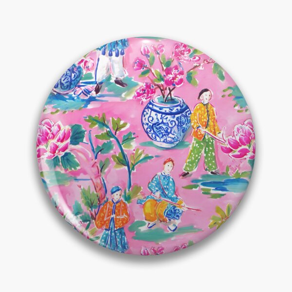 Item preview, Preppy Pink Chinoiserie Pattern – Famille Rose Style Floral & court figures Design, Grandmillennial Coastal Decor designed and sold by SophieClimaArt.