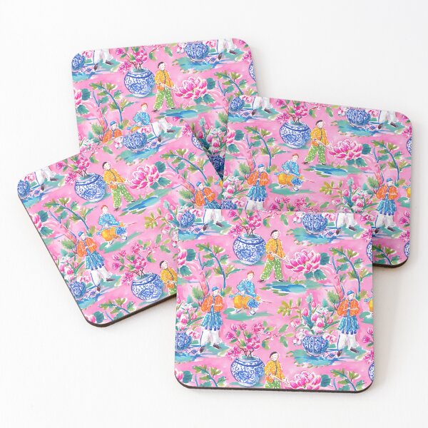 Item preview, Preppy Pink Chinoiserie Pattern – Famille Rose Style Floral & court figures Design, Grandmillennial Coastal Decor designed and sold by SophieClimaArt.