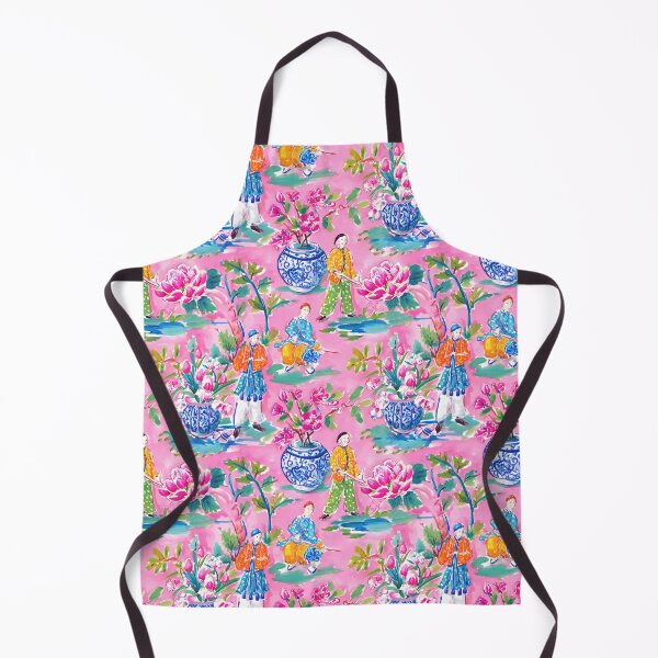 Item preview, Preppy Pink Chinoiserie Pattern – Famille Rose Style Floral & court figures Design, Grandmillennial Coastal Decor designed and sold by SophieClimaArt.