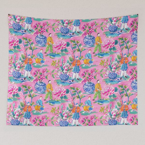 Item preview, Preppy Pink Chinoiserie Pattern – Famille Rose Style Floral & court figures Design, Grandmillennial Coastal Decor designed and sold by SophieClimaArt.