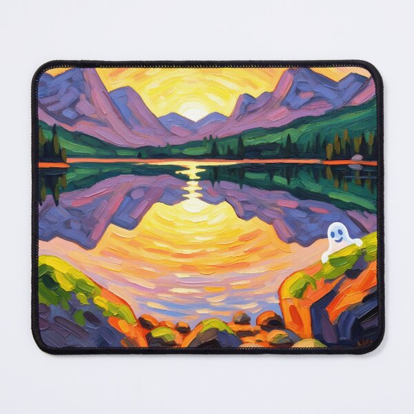 Item preview, Mountain Lake Ghost – Whimsical Sunset Painting designed and sold by SeGoArtDesign.