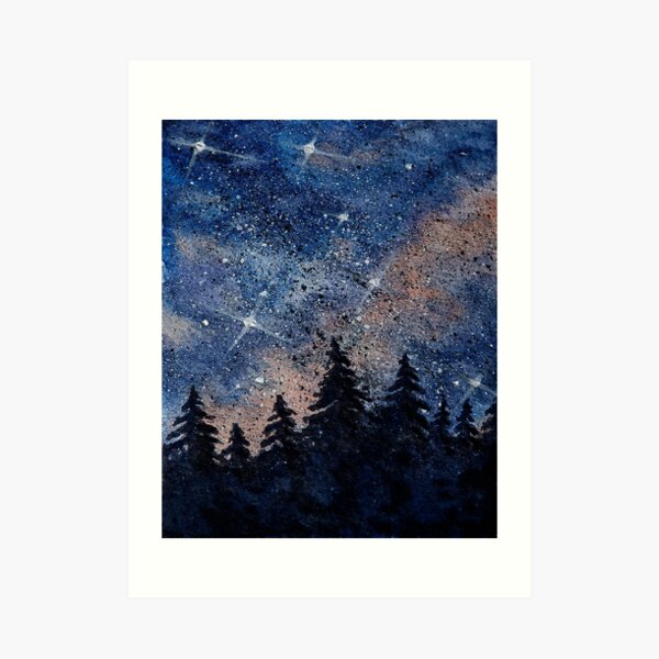 Pine trees and galaxies watercolor painting by Bazil Zerinsky Art Print