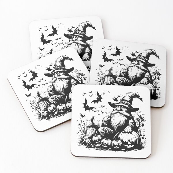 Item preview, Halloween Gnome Wizard with Pumpkins – Black and White Spooky Illustration designed and sold by inkoutninja.