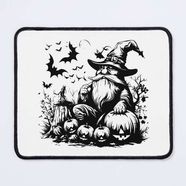 Item preview, Halloween Gnome Wizard with Pumpkins – Black and White Spooky Illustration designed and sold by inkoutninja.